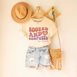 Boozed and Confused Bachelorette Bella Canvas Beige Tee